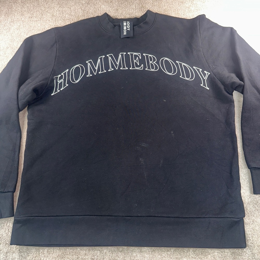 Hommebody Black Graphic Crewneck Sweatshirt Cotton Fleece Arched Logo Mens XL
